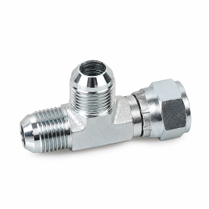 Chrome Hydraulic Tee Fitting on White CJ JIC MALE 74" CONE X JIC FEMALE 74" SEAT RUN TEE
