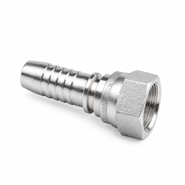 Metallic Hose Barb Fitting on White Background JIC FEMALE 74 °Cone SAET